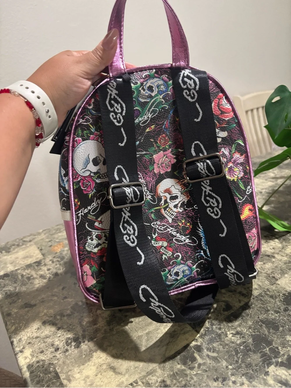 Ed Hardy Black Floral Skull Mini Backpack with Pink Accents